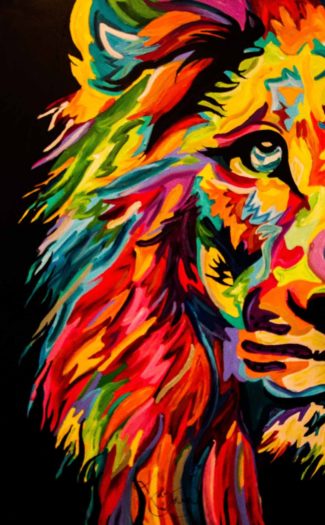 A bright painting of a lions face on black background